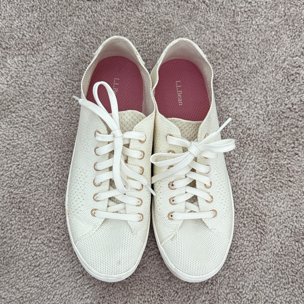 L.L. Bean Women's Cream Knit Casual Lace-Up Sneakers with Pink Insole
